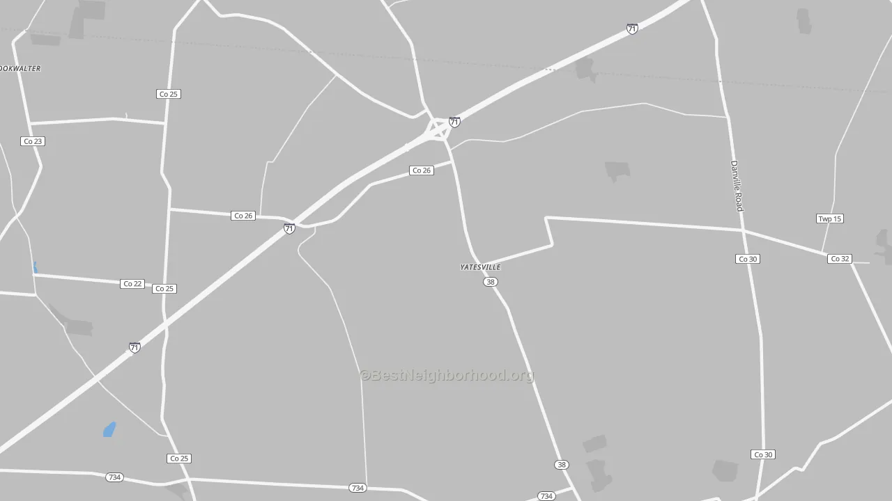 Walk Grade map of Yatesville, OH, walkable areas in green and car-dependent areas in red