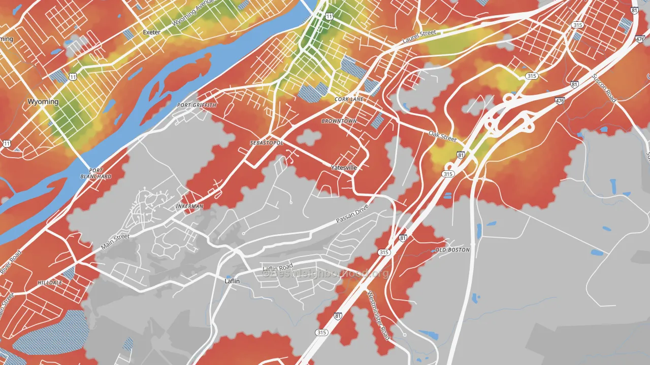 Walk Grade map of Yatesville, PA, walkable areas in green and car-dependent areas in red