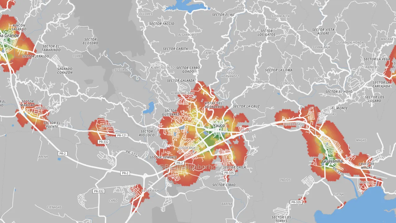 Walk Grade map of Yauco Municipio, PR, walkable areas in green and car-dependent areas in red