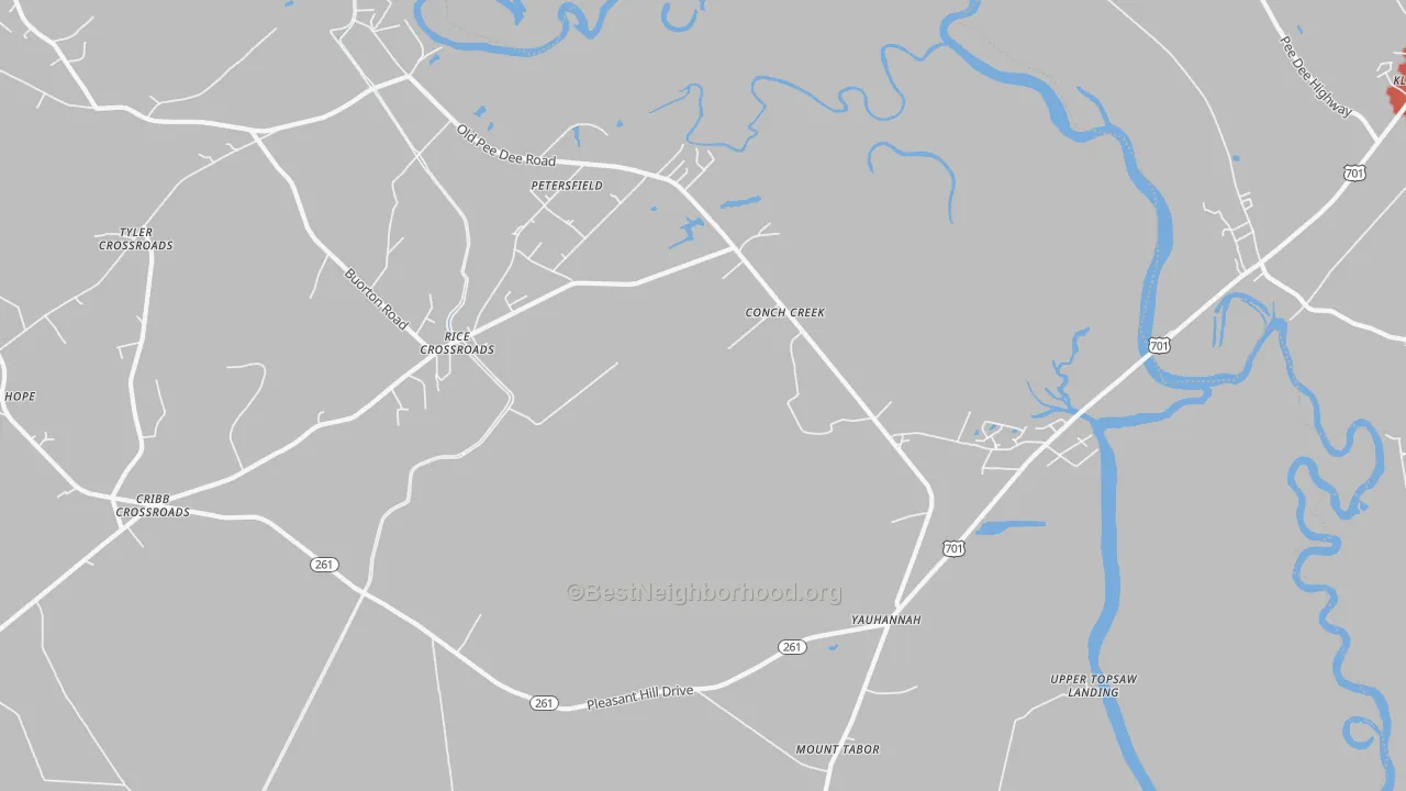 Walk Grade map of Yauhannah, SC, walkable areas in green and car-dependent areas in red