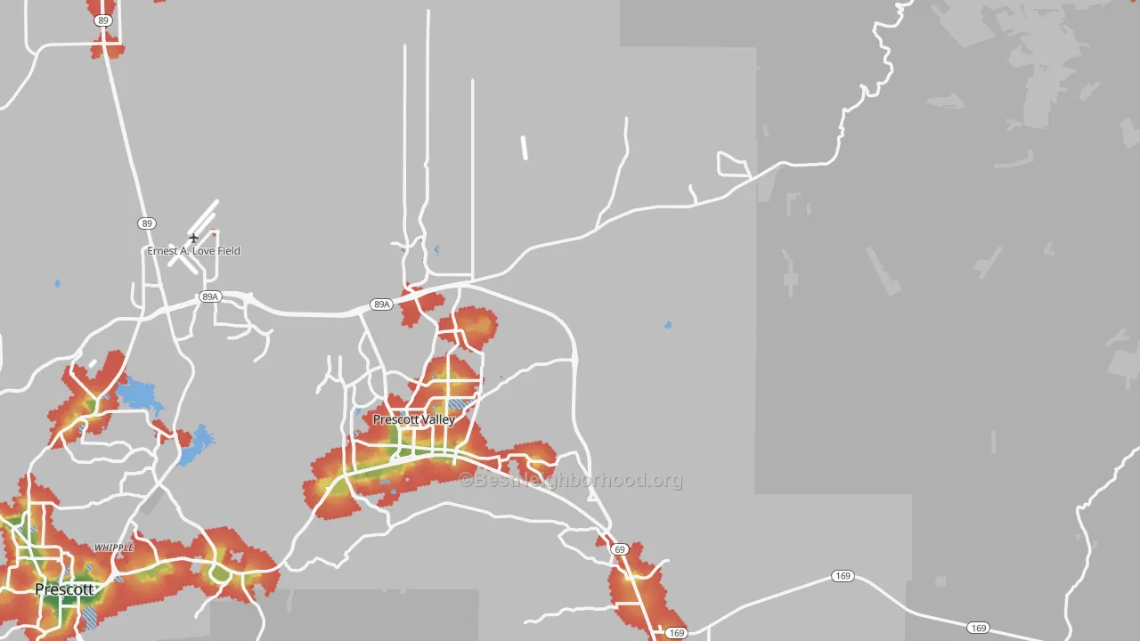 Walk Grade map of Yavapai County, AZ, walkable areas in green and car-dependent areas in red