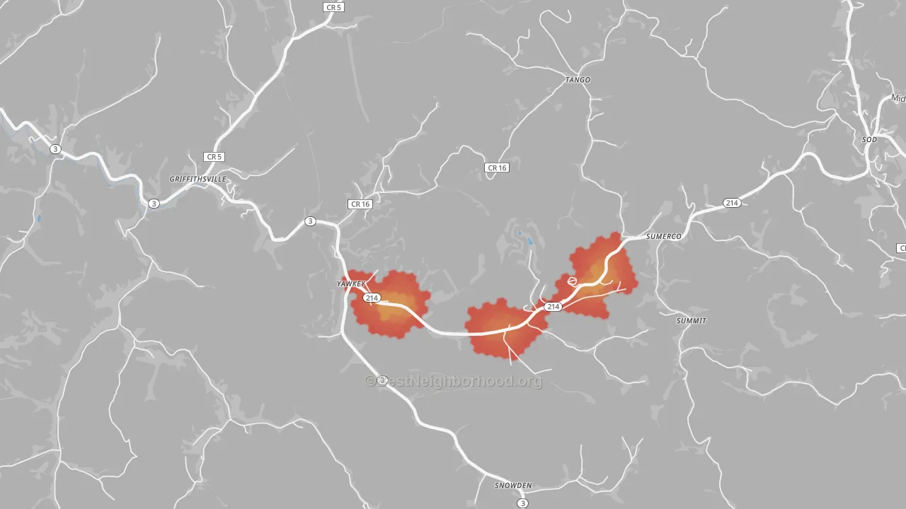 Walk Grade map of Yawkey, WV, walkable areas in green and car-dependent areas in red
