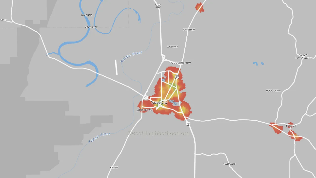 Walk Grade map of Yazoo City, MS, walkable areas in green and car-dependent areas in red