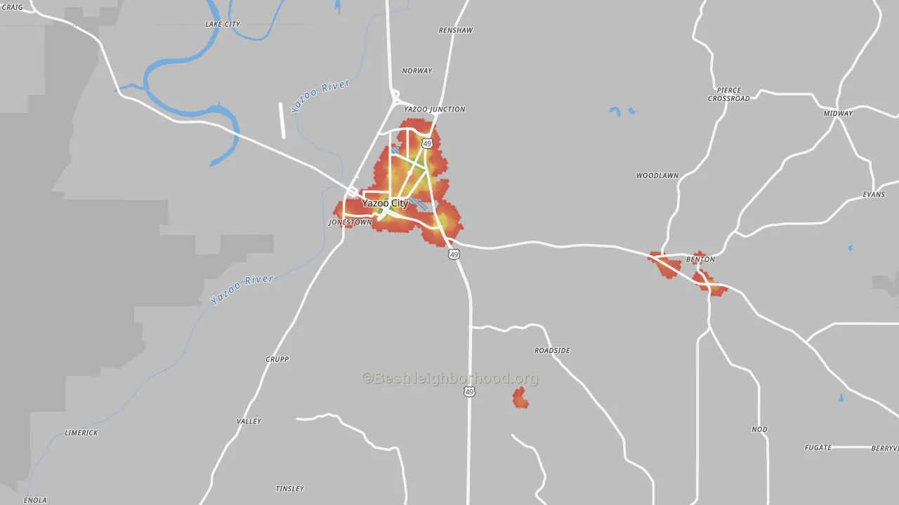 Walk Grade map of Yazoo County, MS, walkable areas in green and car-dependent areas in red