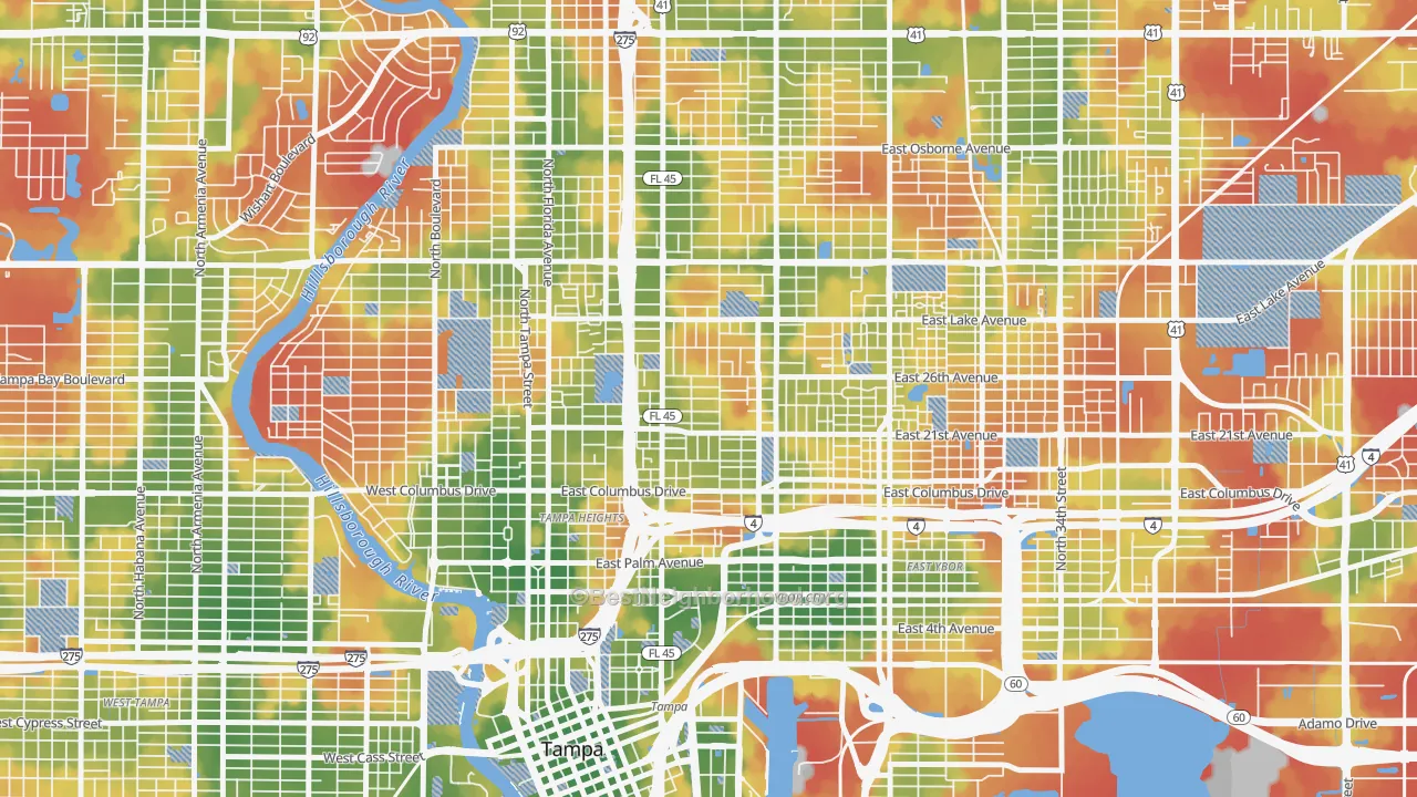 Walk Grade map of Ybor City, Tampa, FL, walkable areas in green and car-dependent areas in red