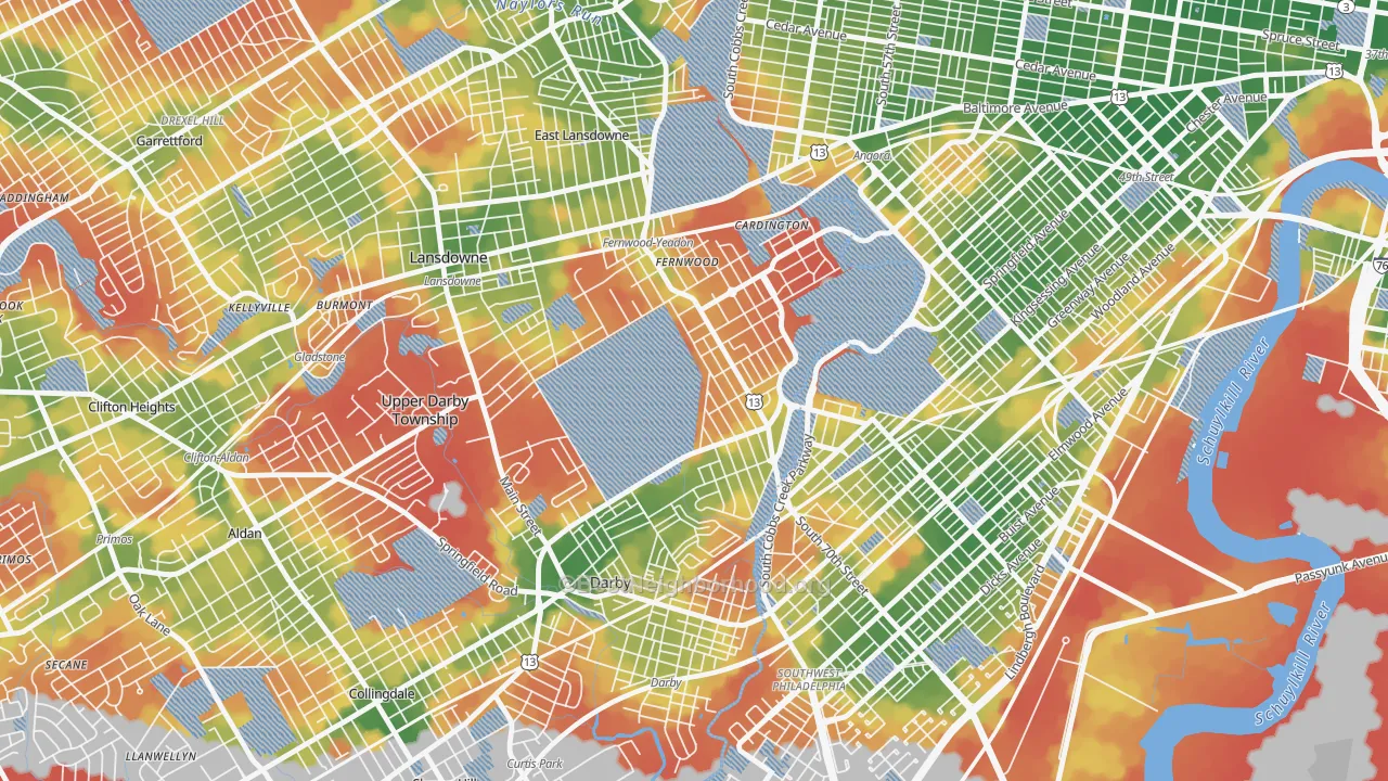 Walk Grade map of Yeadon, PA, walkable areas in green and car-dependent areas in red