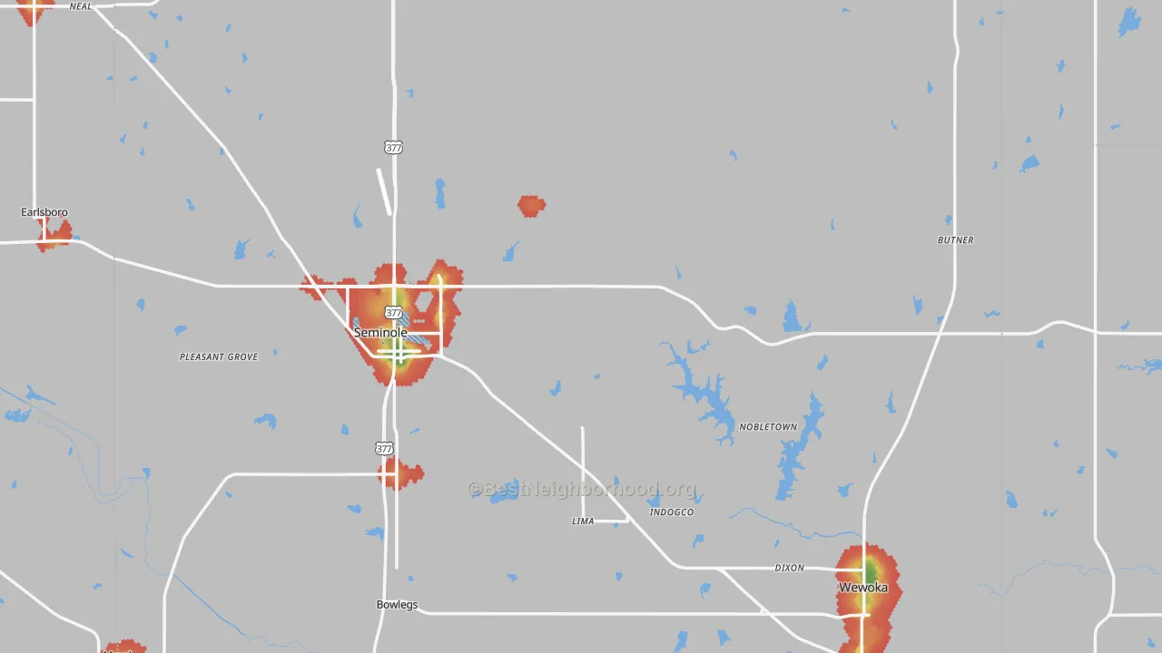 Walk Grade map of Yeager, OK, walkable areas in green and car-dependent areas in red