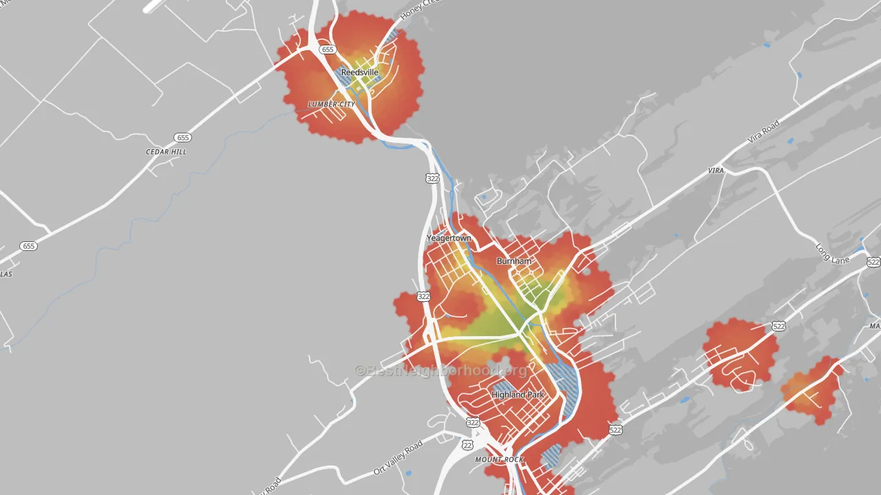 Walk Grade map of Yeagertown, PA, walkable areas in green and car-dependent areas in red