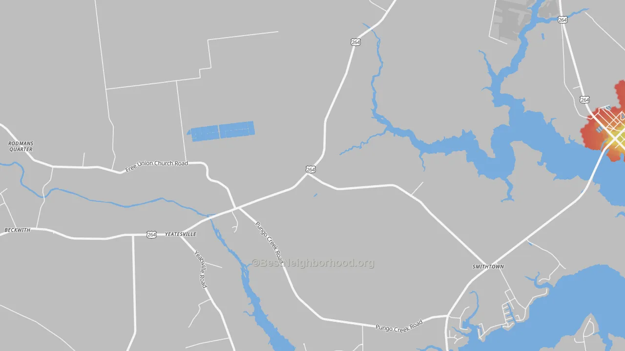 Walk Grade map of Yeatesville, NC, walkable areas in green and car-dependent areas in red