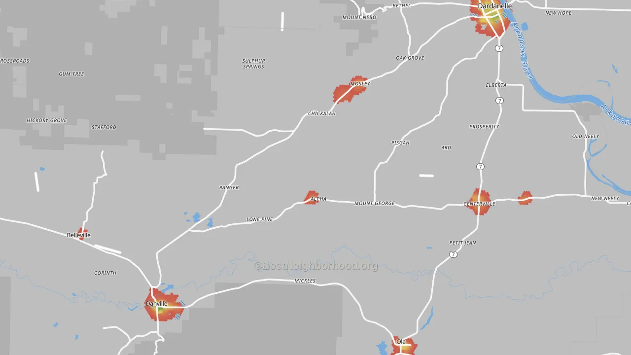 Walk Grade map of Yell County, AR, walkable areas in green and car-dependent areas in red