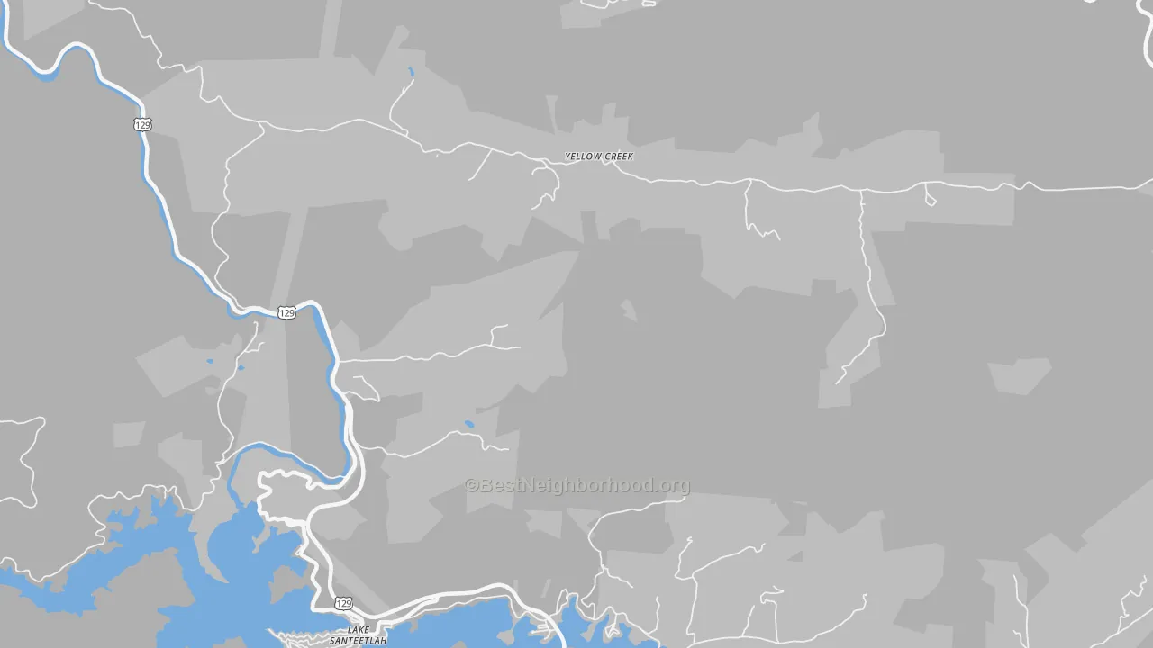 Walk Grade map of Yellow Creek, NC, walkable areas in green and car-dependent areas in red