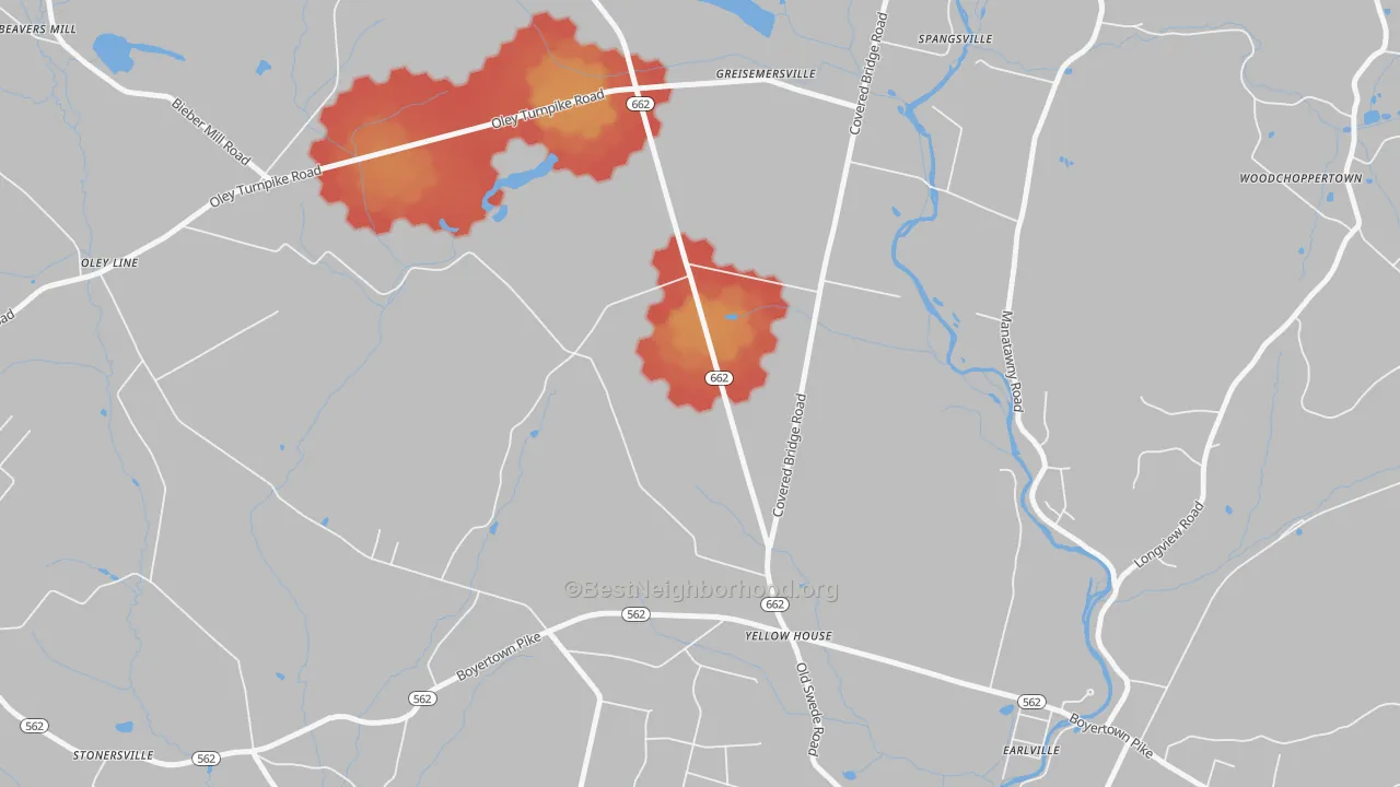 Walk Grade map of Yellow House, PA, walkable areas in green and car-dependent areas in red