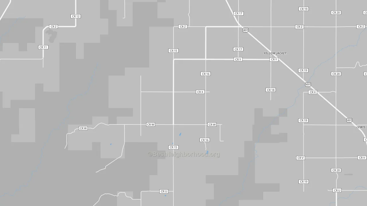 Walk Grade map of Yellow Jacket, CO, walkable areas in green and car-dependent areas in red