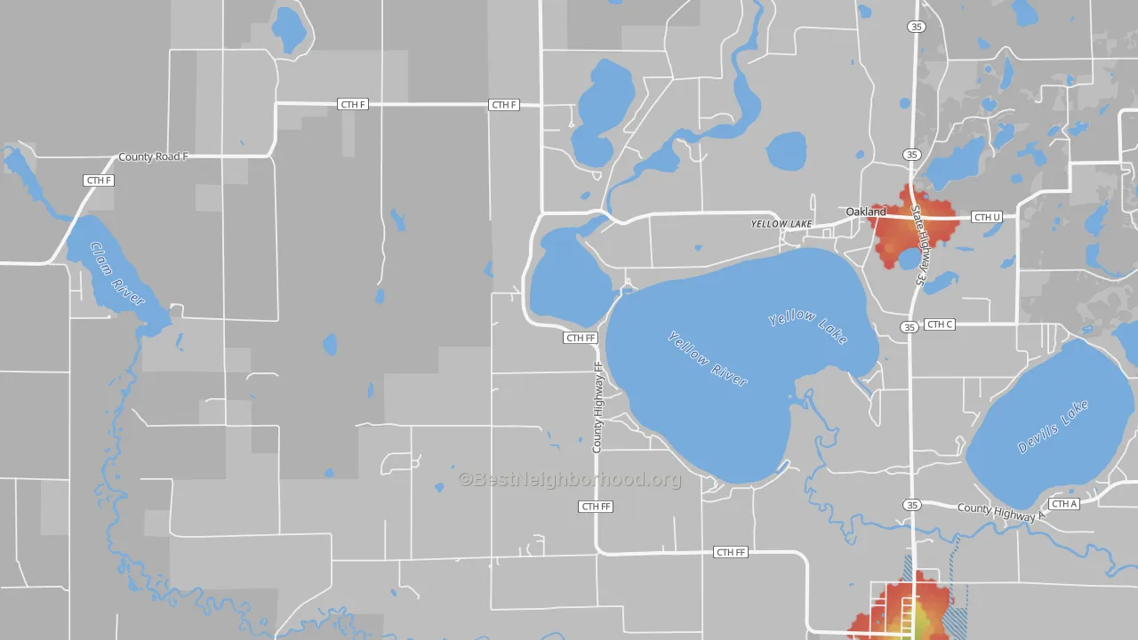 Walk Grade map of Yellow Lake, WI, walkable areas in green and car-dependent areas in red