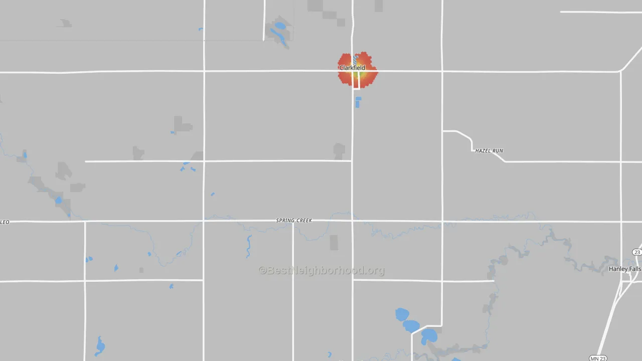 Walk Grade map of Yellow Medicine County, MN, walkable areas in green and car-dependent areas in red