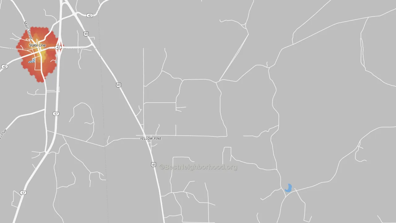 Walk Grade map of Yellow Pine, AL, walkable areas in green and car-dependent areas in red