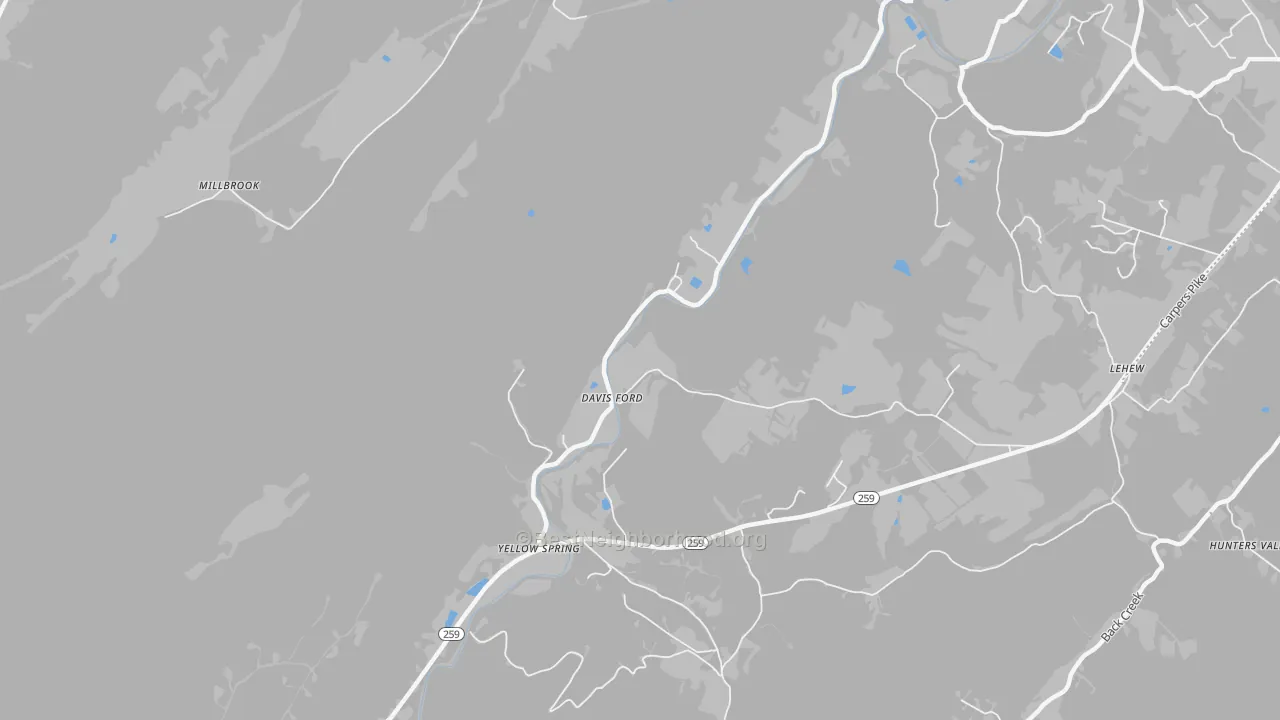 Walk Grade map of Yellow Spring, WV, walkable areas in green and car-dependent areas in red