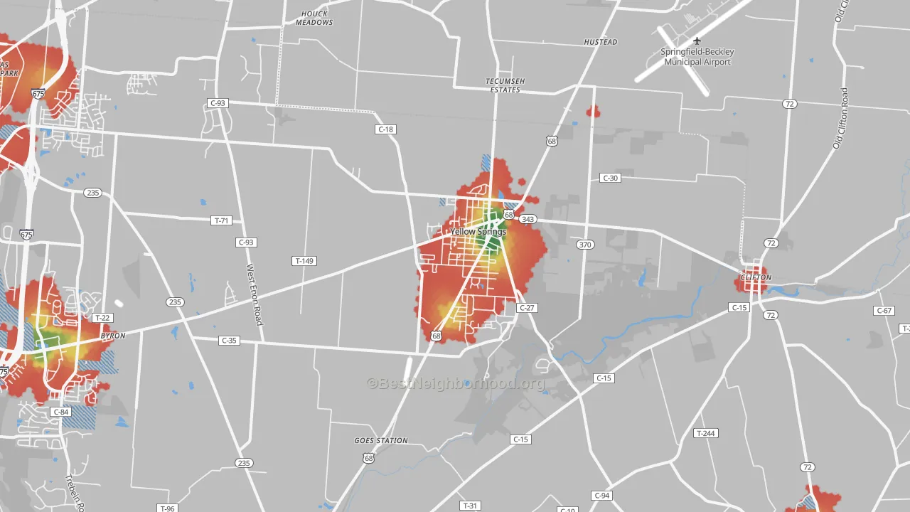 Walk Grade map of Yellow Springs, OH, walkable areas in green and car-dependent areas in red