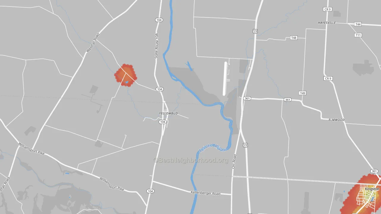 Walk Grade map of Yellowbud, OH, walkable areas in green and car-dependent areas in red