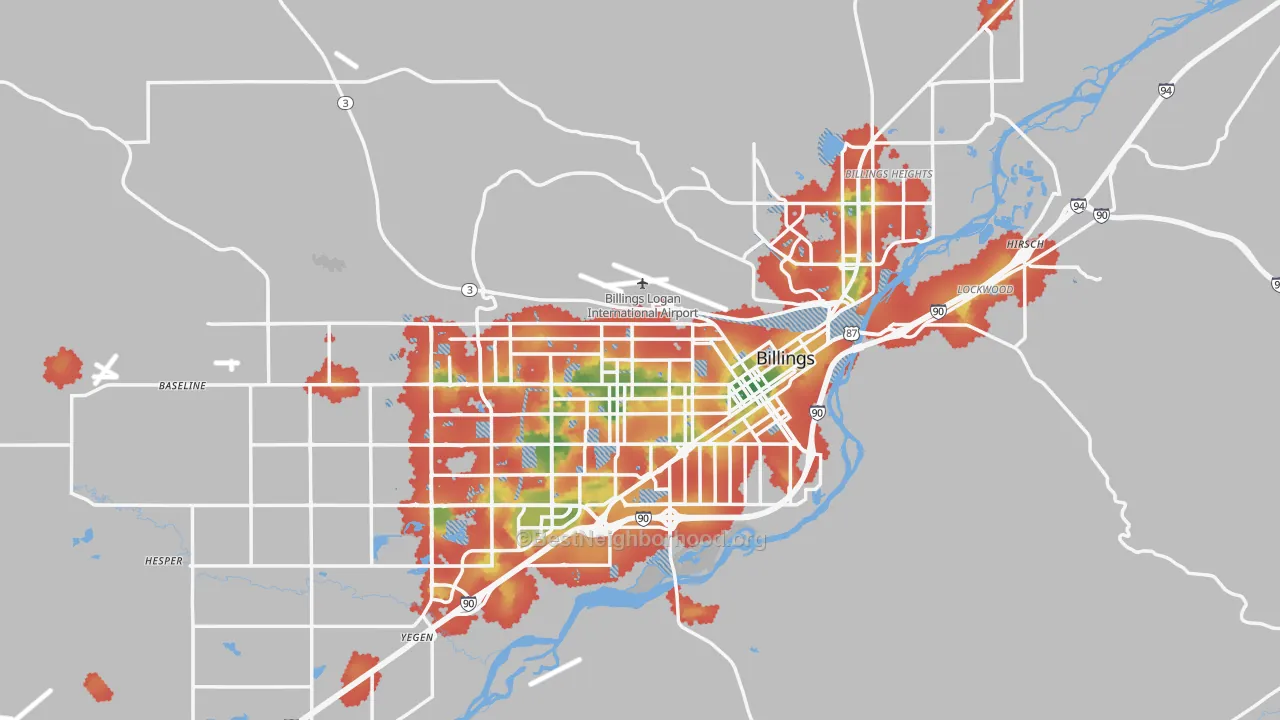 Walk Grade map of Yellowstone County, MT, walkable areas in green and car-dependent areas in red