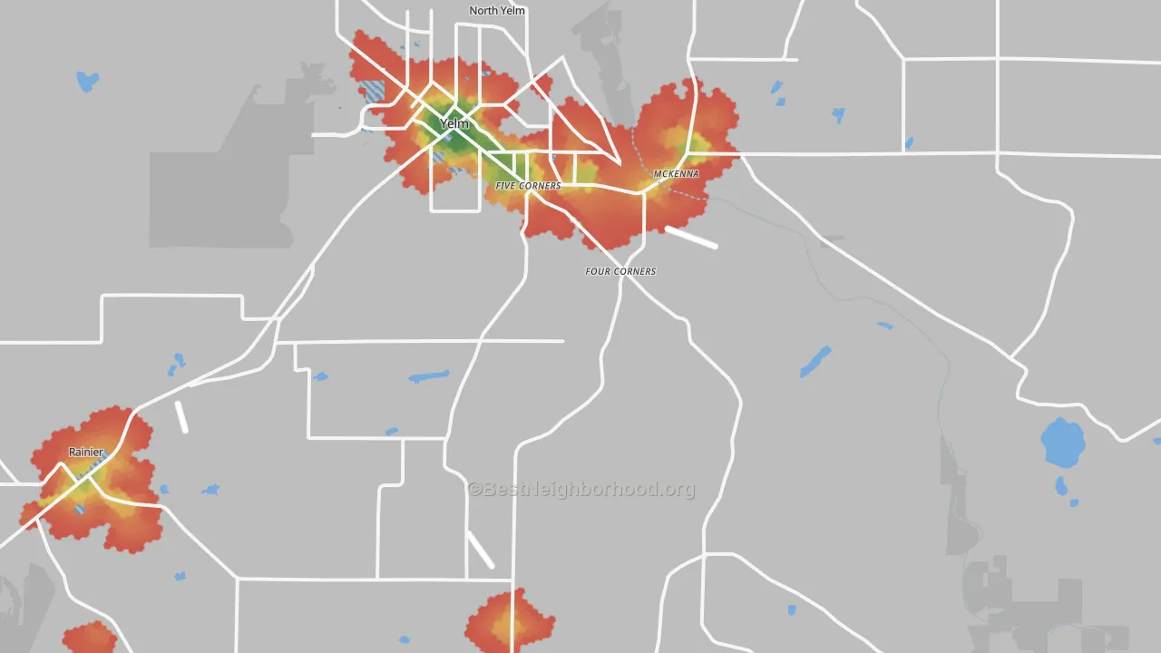 Walk Grade map of Yelm, WA, walkable areas in green and car-dependent areas in red