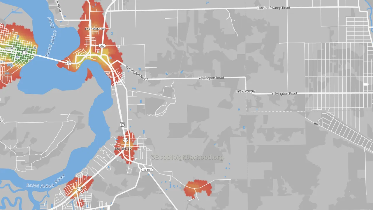 Walk Grade map of Yelvington, FL, walkable areas in green and car-dependent areas in red