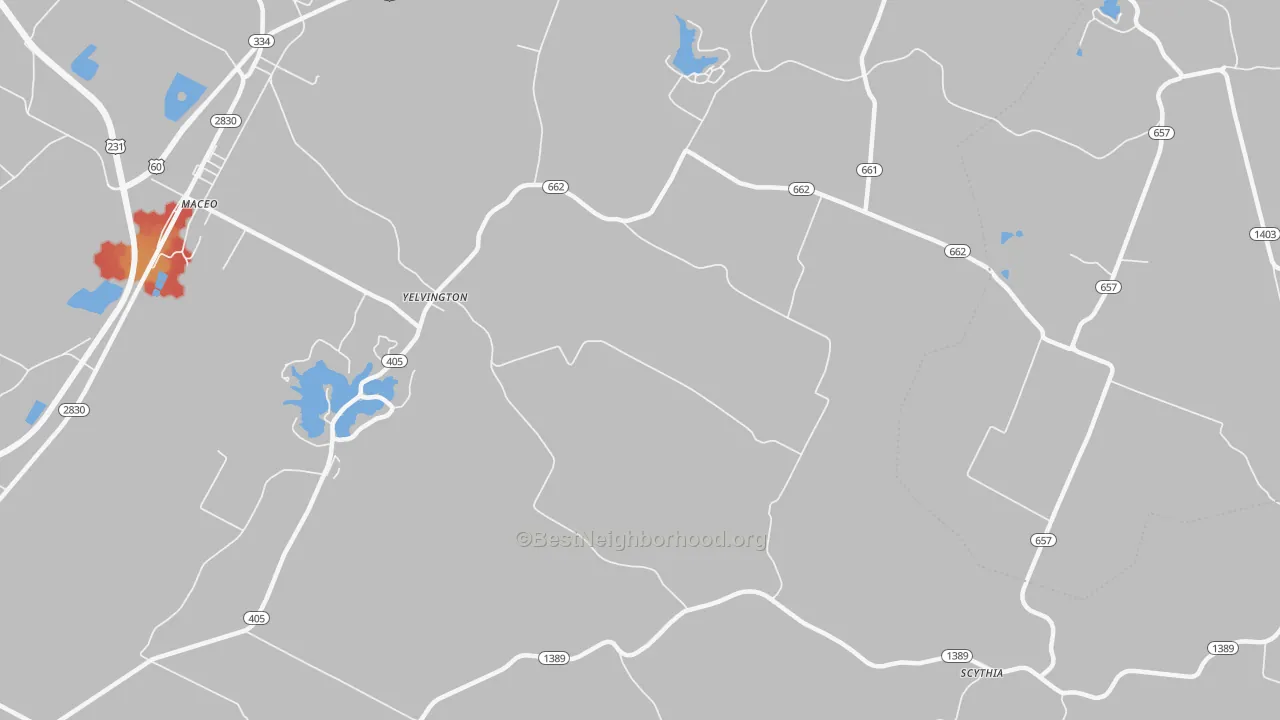Walk Grade map of Yelvington, KY, walkable areas in green and car-dependent areas in red