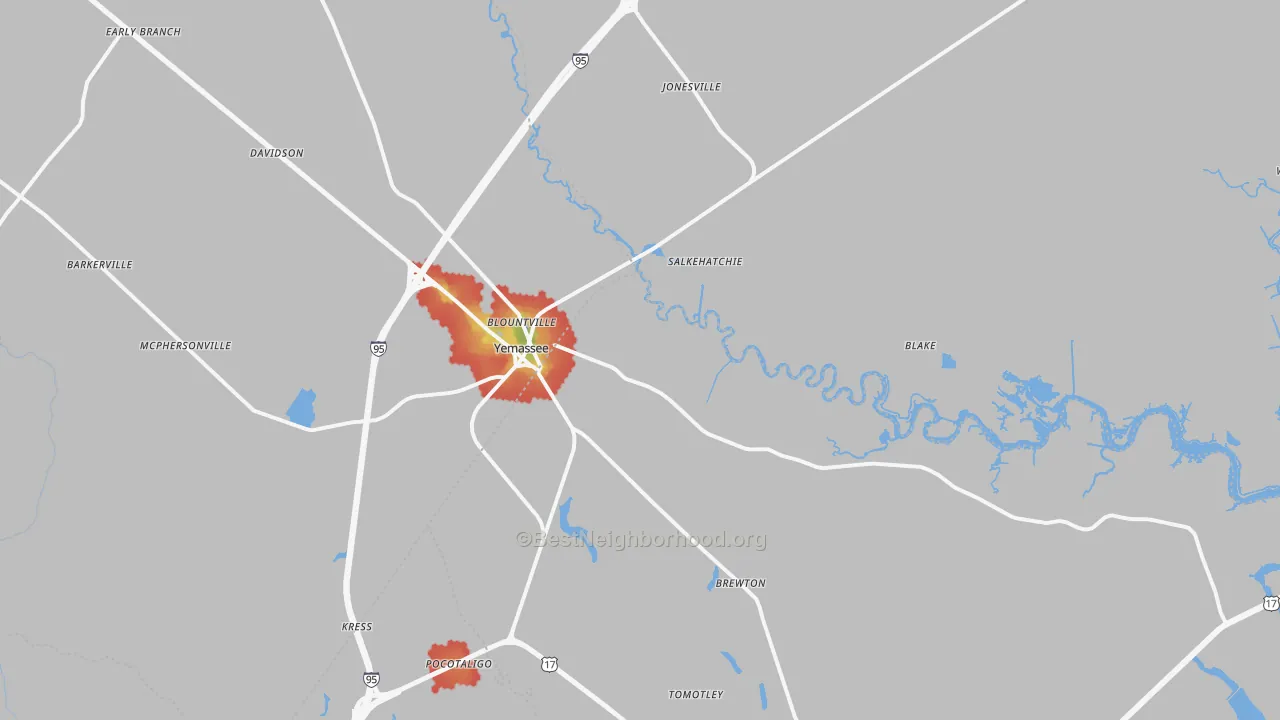 Walk Grade map of Yemassee, SC, walkable areas in green and car-dependent areas in red
