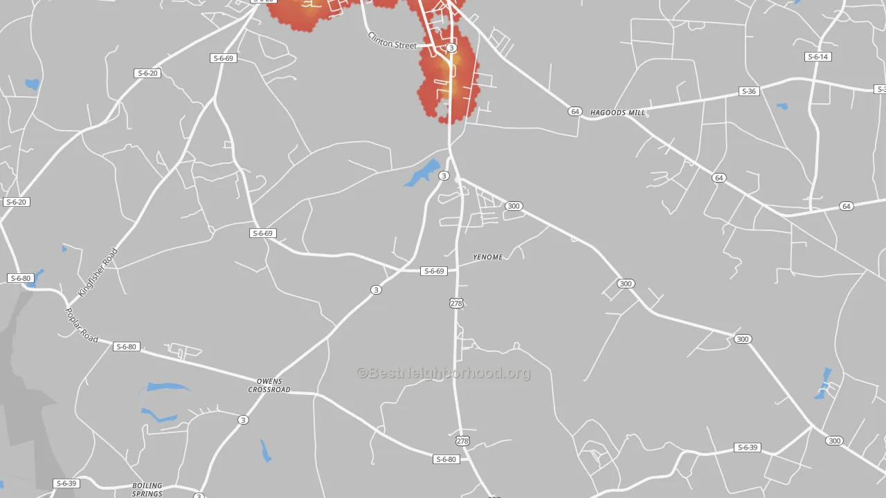 Walk Grade map of Yenome, SC, walkable areas in green and car-dependent areas in red