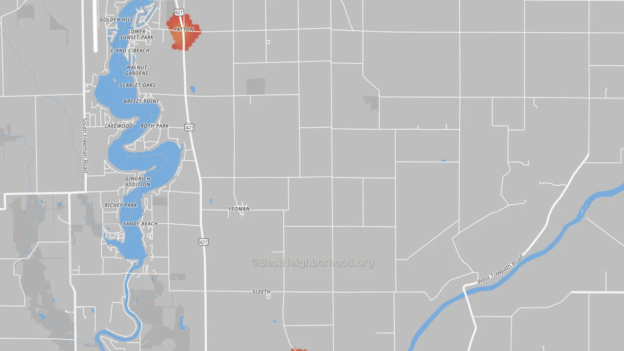 Walk Grade map of Yeoman, IN, walkable areas in green and car-dependent areas in red