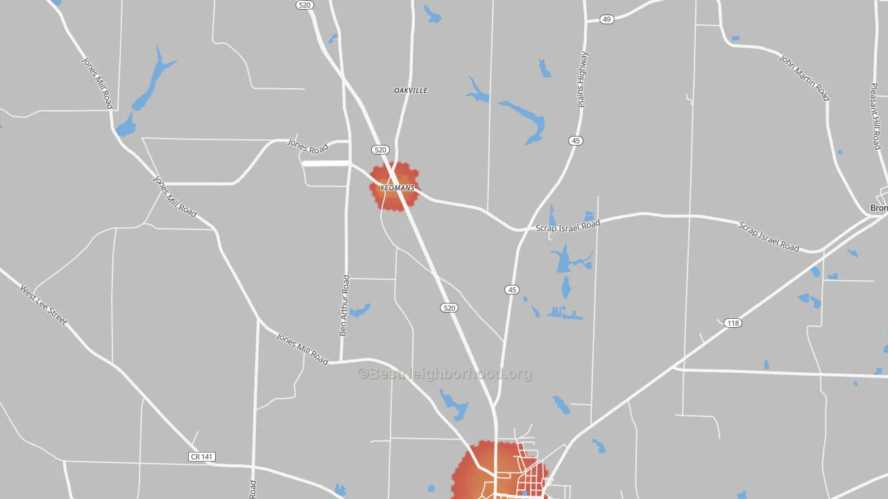 Walk Grade map of Yeomans, GA, walkable areas in green and car-dependent areas in red
