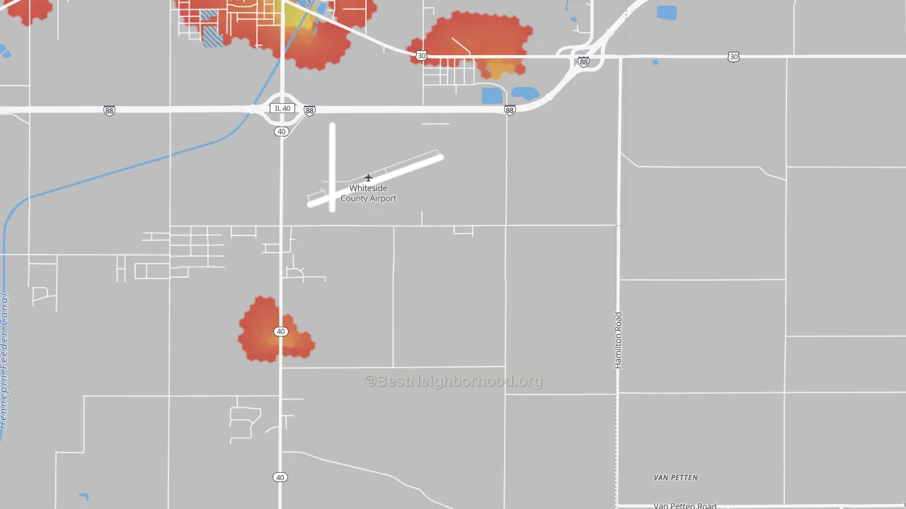 Walk Grade map of Yeoward Addition, IL, walkable areas in green and car-dependent areas in red