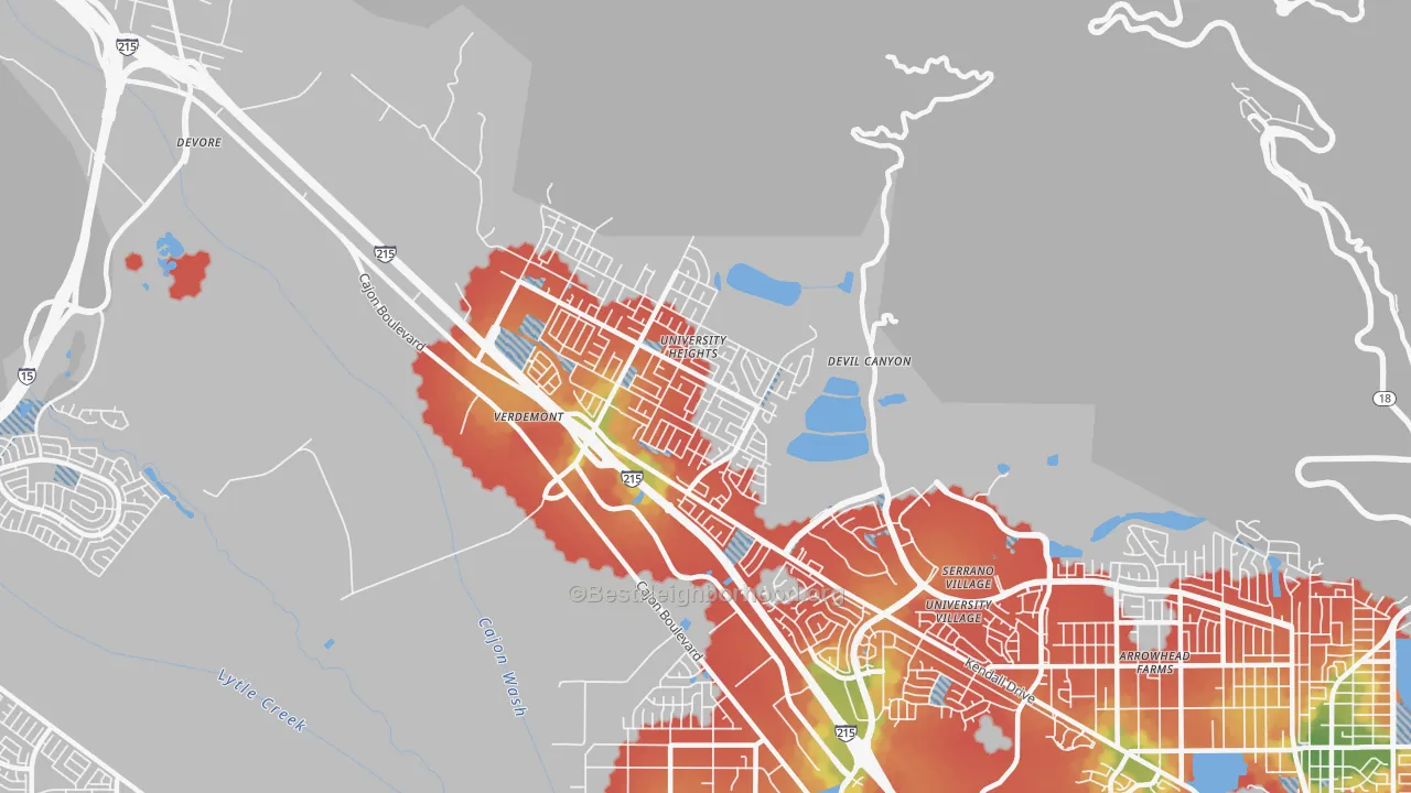 Walk Grade map of Yerdemont, San Bernardino, CA, walkable areas in green and car-dependent areas in red