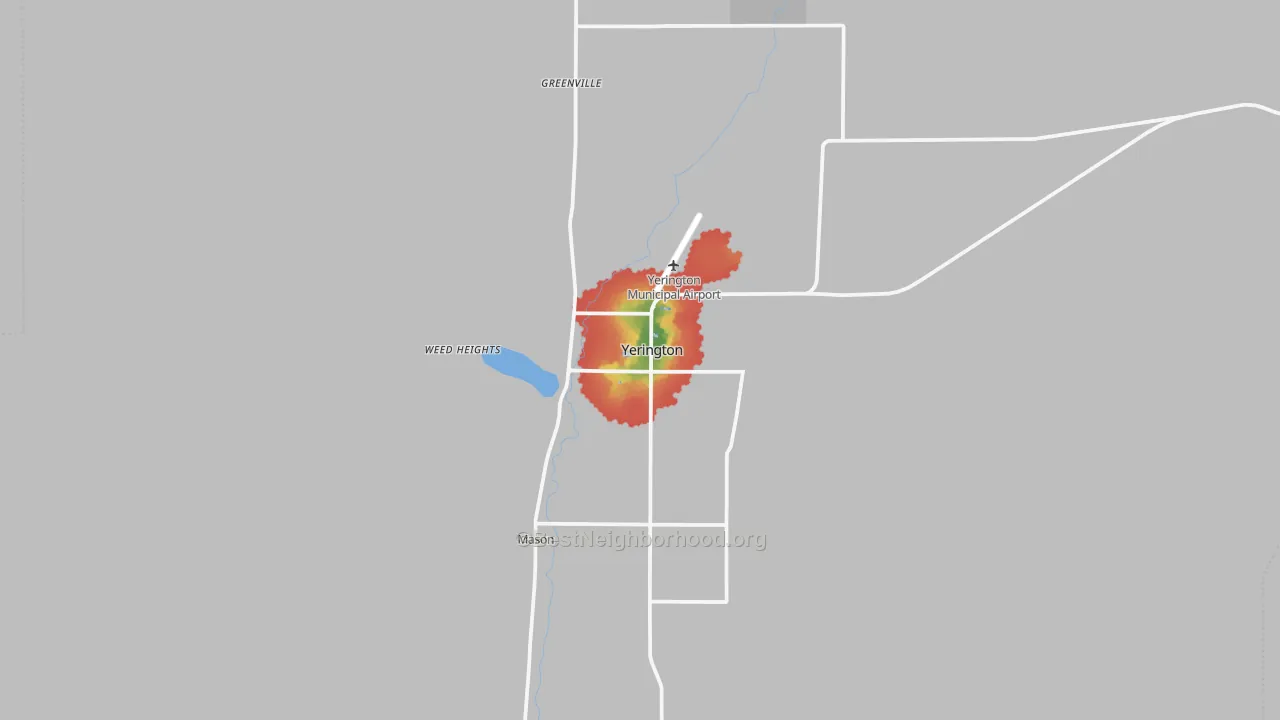 Walk Grade map of Yerington, NV, walkable areas in green and car-dependent areas in red