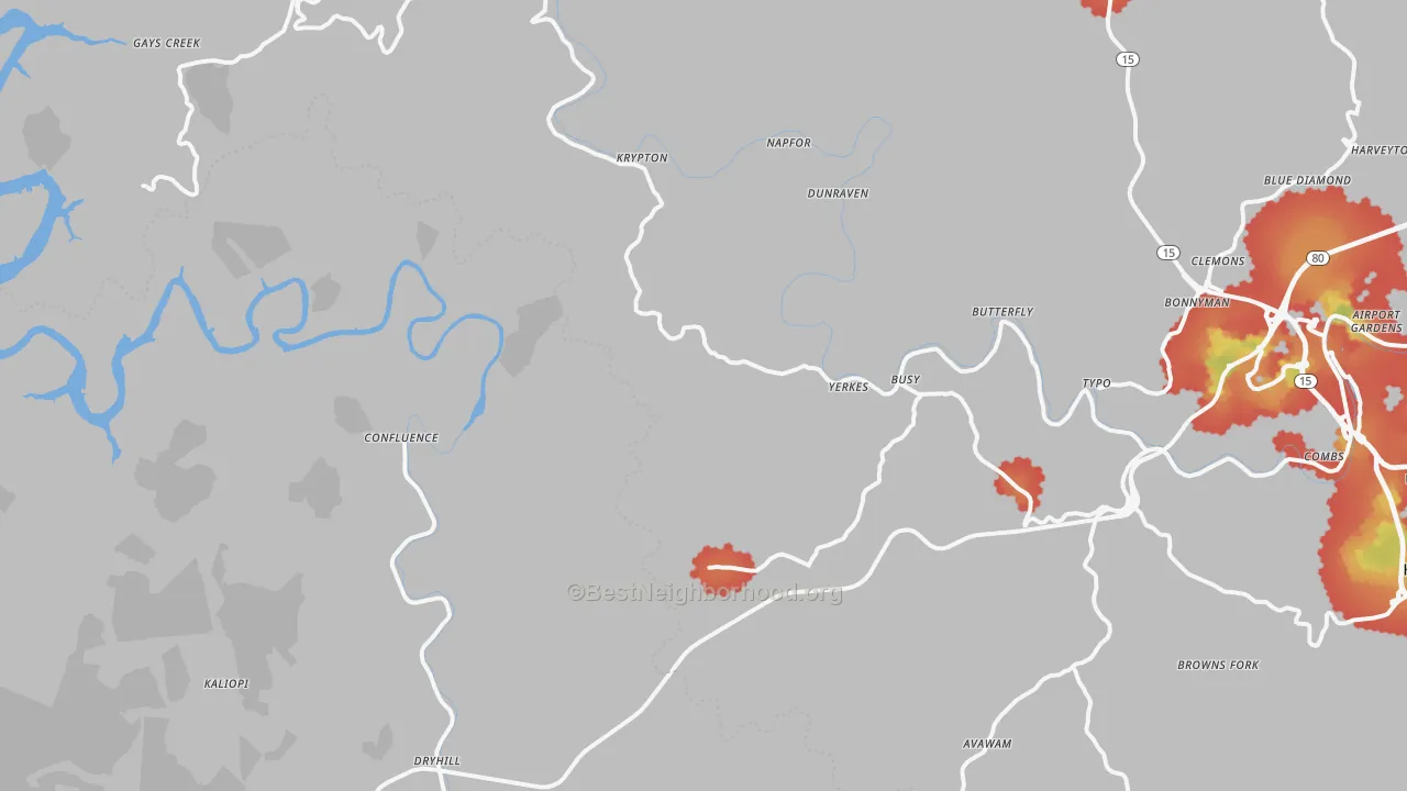 Walk Grade map of Yerkes, KY, walkable areas in green and car-dependent areas in red