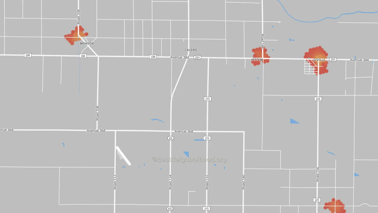 Walk Grade map of Yettem, CA, walkable areas in green and car-dependent areas in red
