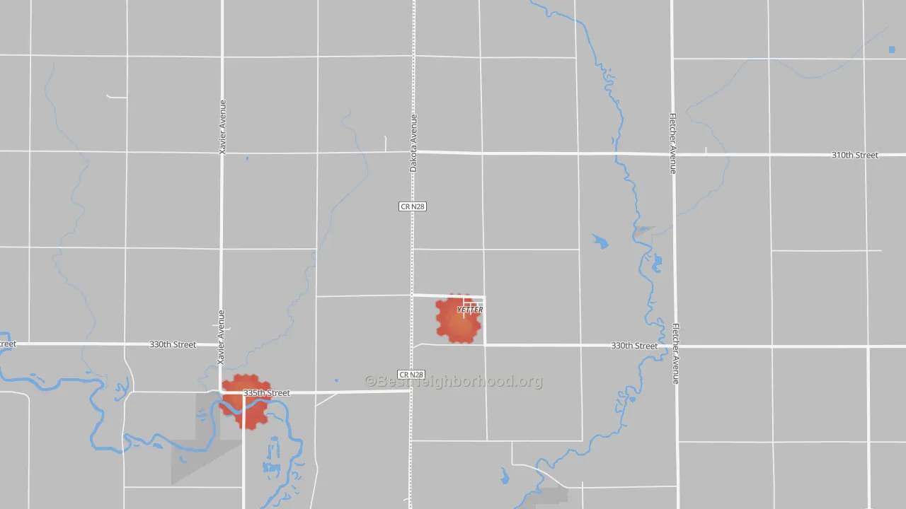 Walk Grade map of Yetter, IA, walkable areas in green and car-dependent areas in red