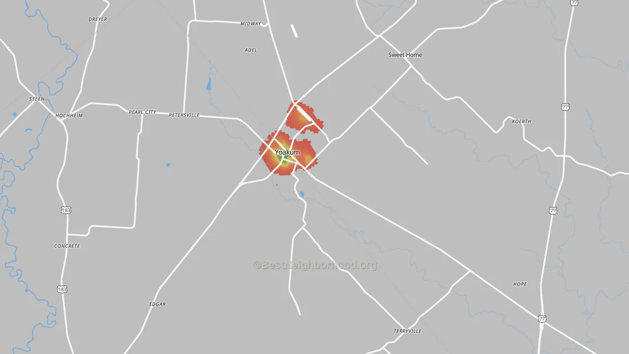 Walk Grade map of Yoakum, TX, walkable areas in green and car-dependent areas in red