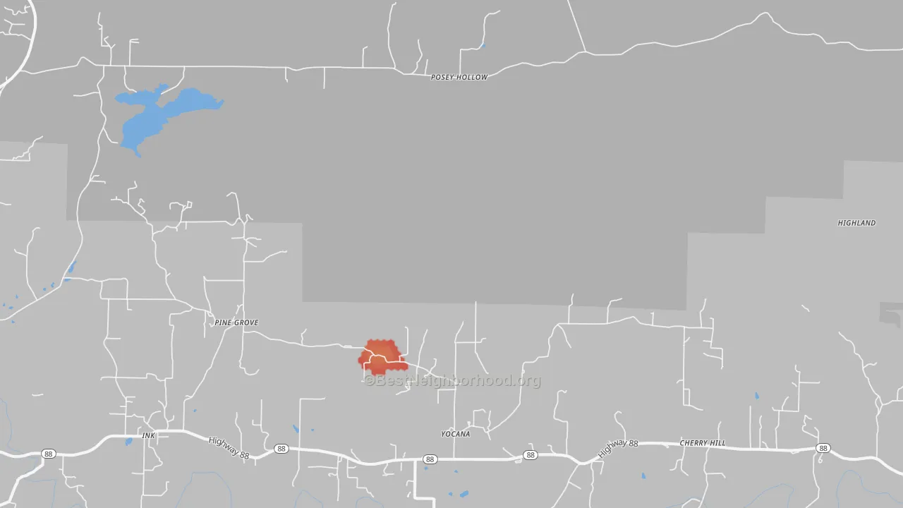 Walk Grade map of Yocana, AR, walkable areas in green and car-dependent areas in red