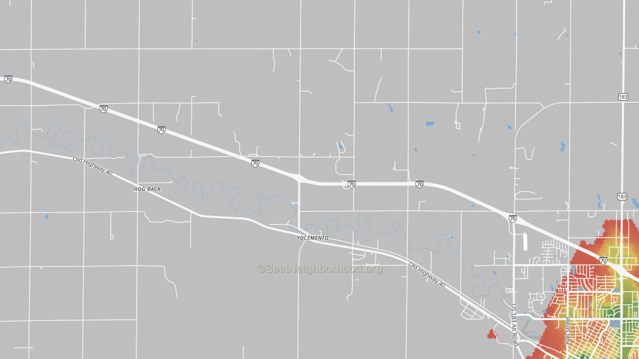 Walk Grade map of Yocemento, KS, walkable areas in green and car-dependent areas in red