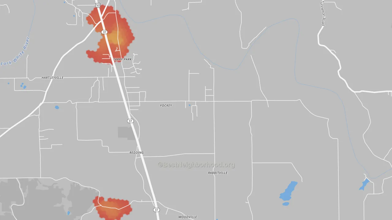 Walk Grade map of Yockey, IN, walkable areas in green and car-dependent areas in red