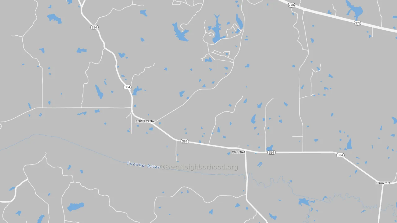Walk Grade map of Yocona, MS, walkable areas in green and car-dependent areas in red