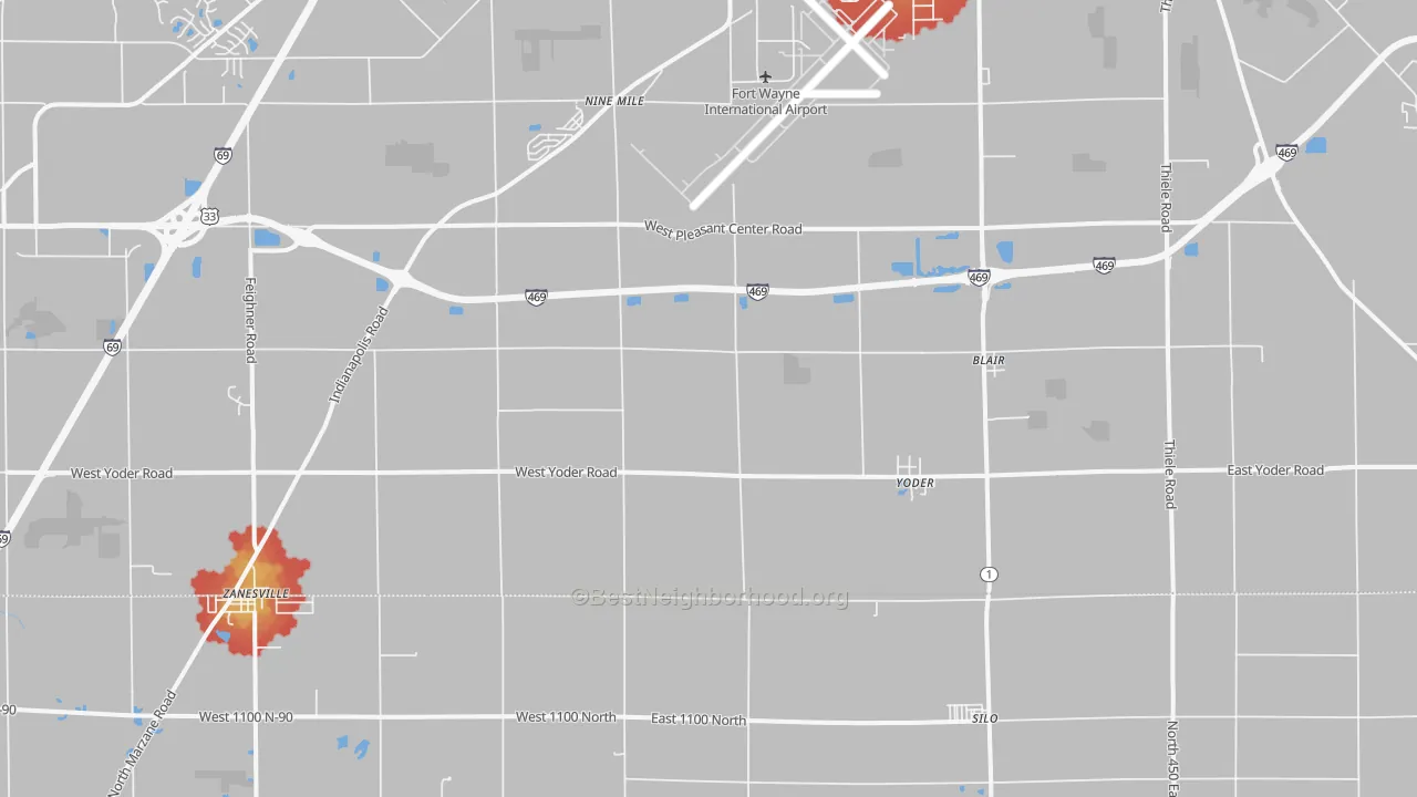 Walk Grade map of Yoder, IN, walkable areas in green and car-dependent areas in red