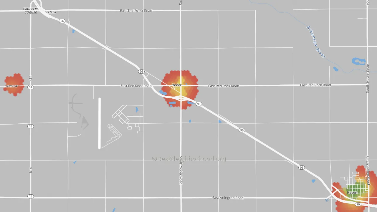 Walk Grade map of Yoder, KS, walkable areas in green and car-dependent areas in red