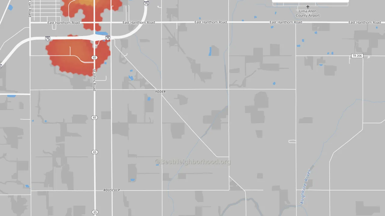 Walk Grade map of Yoder, OH, walkable areas in green and car-dependent areas in red