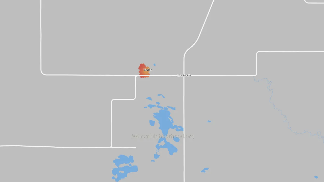 Walk Grade map of Yoder, WY, walkable areas in green and car-dependent areas in red