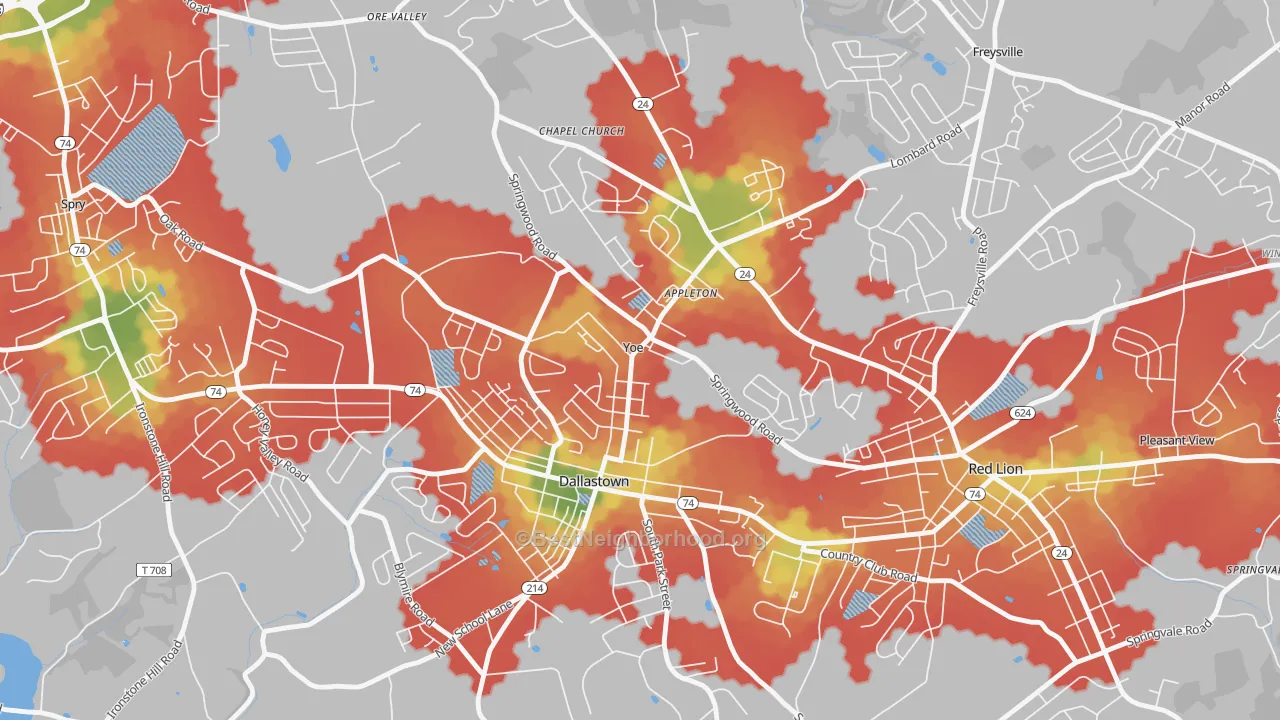 Walk Grade map of Yoe, PA, walkable areas in green and car-dependent areas in red