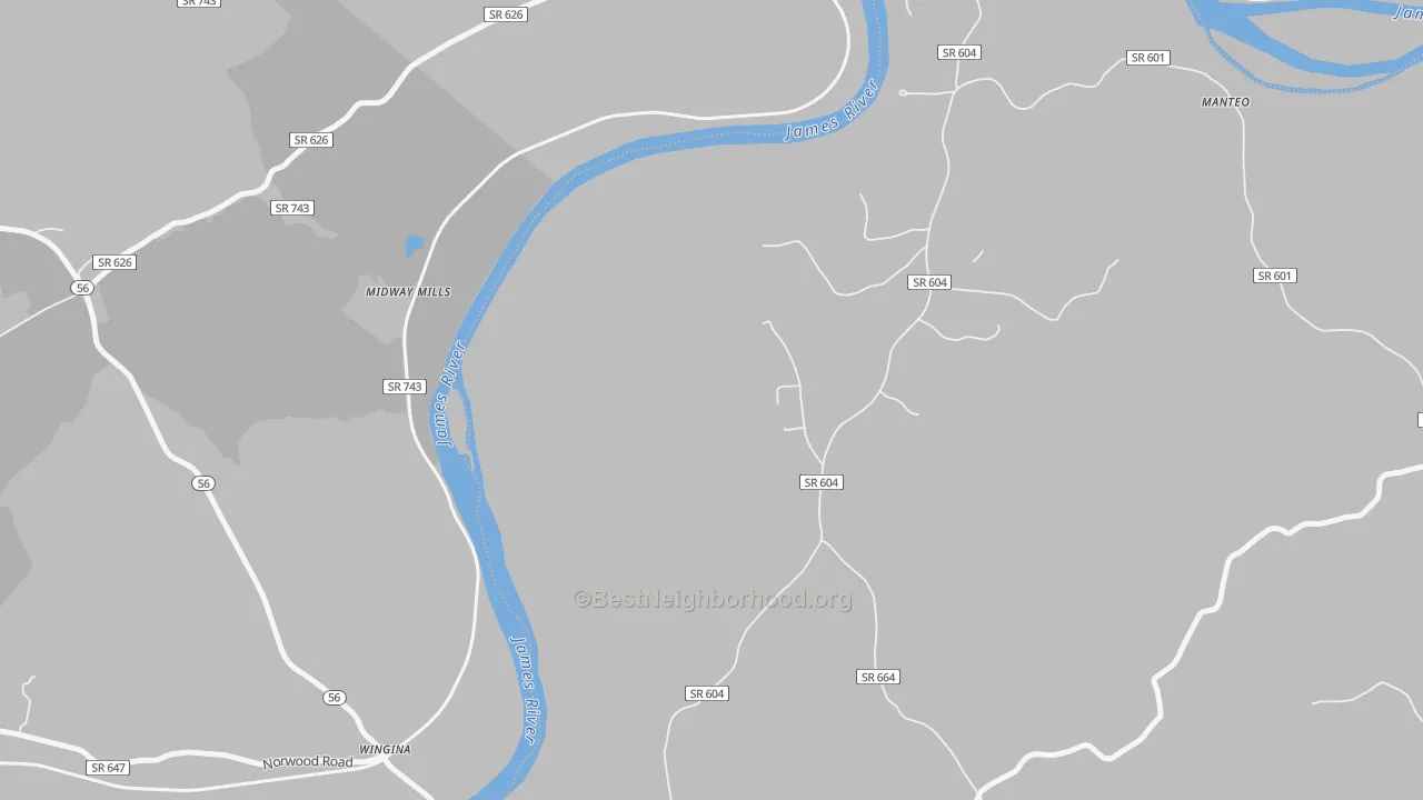 Walk Grade map of Yogaville, VA, walkable areas in green and car-dependent areas in red