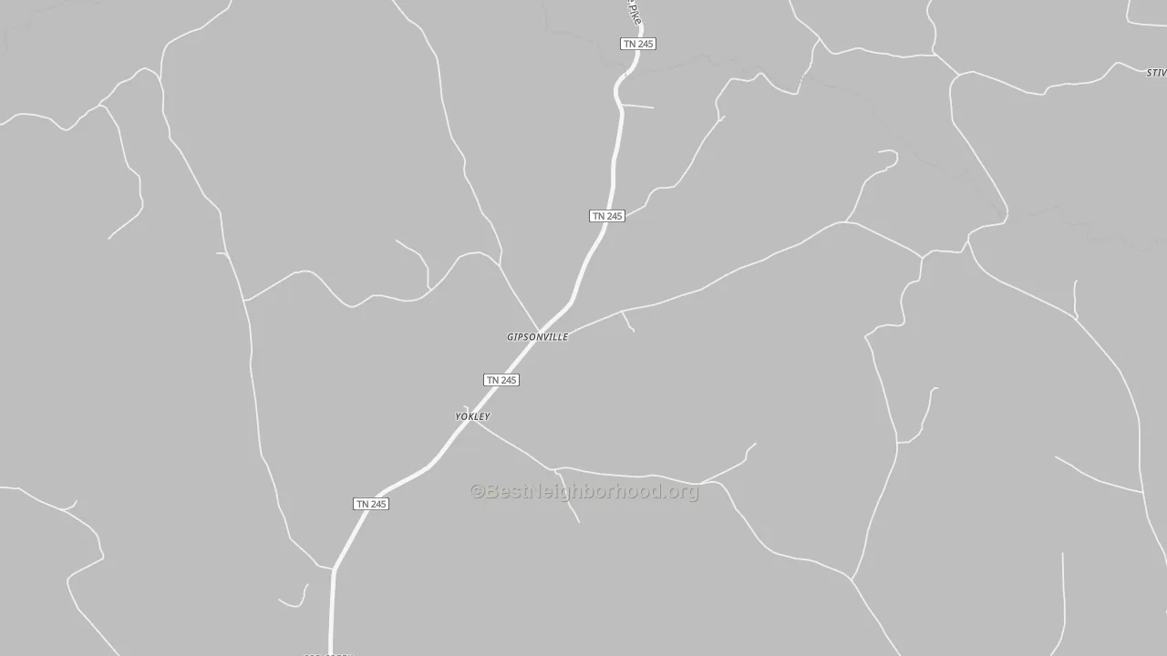 Walk Grade map of Yokley, TN, walkable areas in green and car-dependent areas in red
