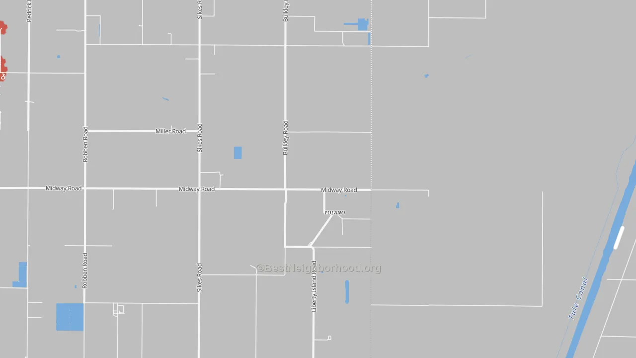 Walk Grade map of Yolano, CA, walkable areas in green and car-dependent areas in red
